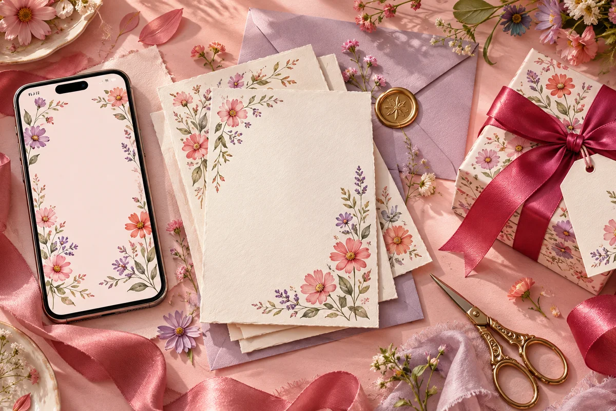 Composição ilustrativa de papelaria floral, fitas rosas, envelope e laço em uma mesa de criação