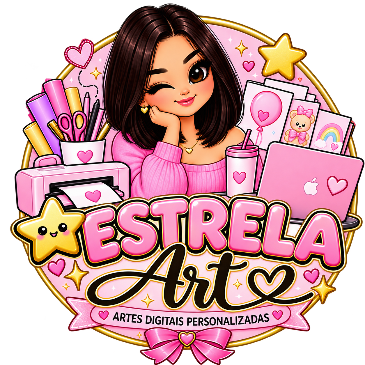 Marca Estrela Art: ilustradora cercada por materiais de papelaria, estrelas e laços cor-de-rosa